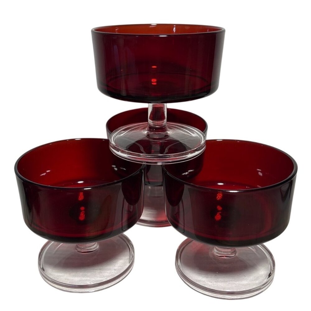4 Vintage Ruby Red Glass Dessert Sherbet Bowls With Clear Pedestal Base France